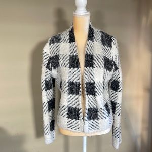 August Silk Buffalo Plaid Black and White Eyelash Open Front Cardigan Size L